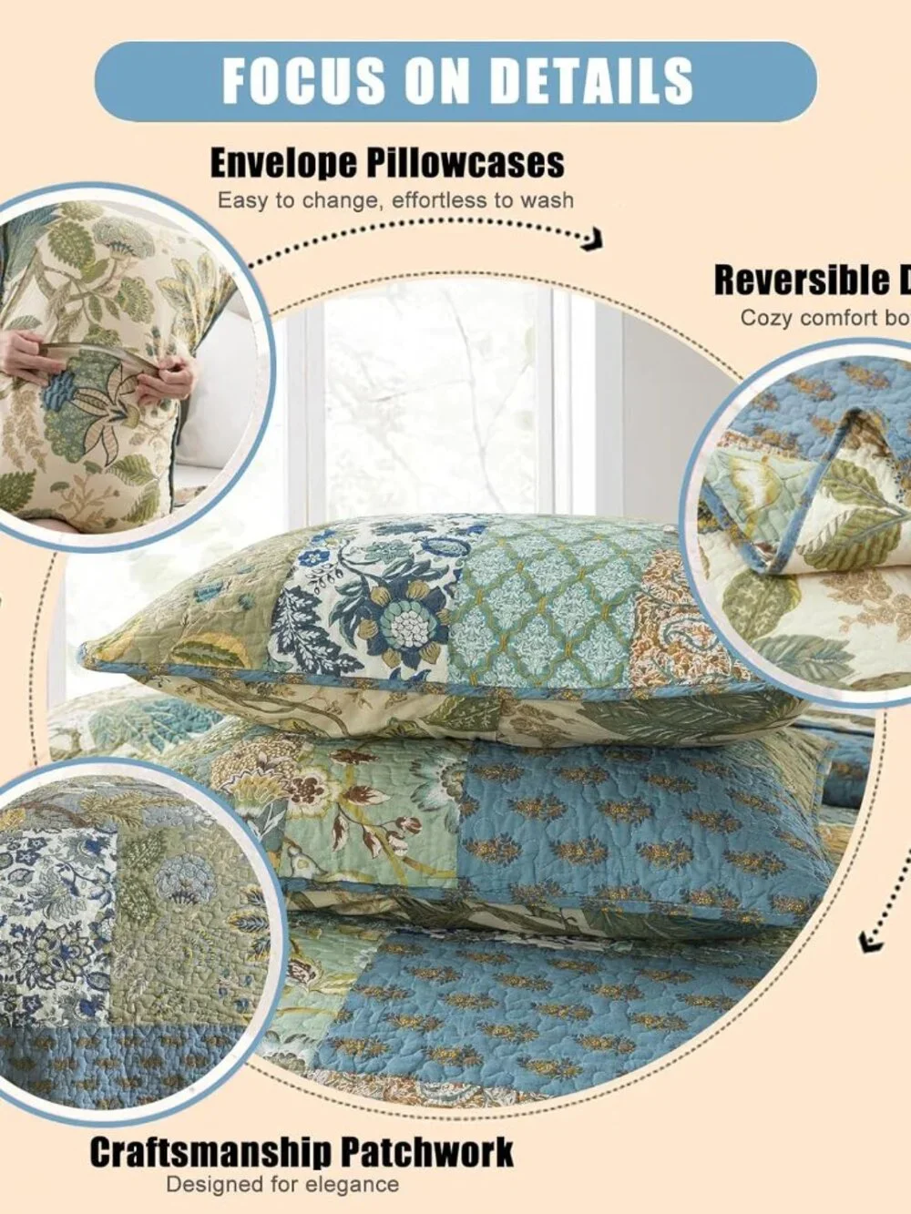 Quilt Set King Size, 100% Cotton Patchwork Green Bohemian Quilt Sets, Reversible_4